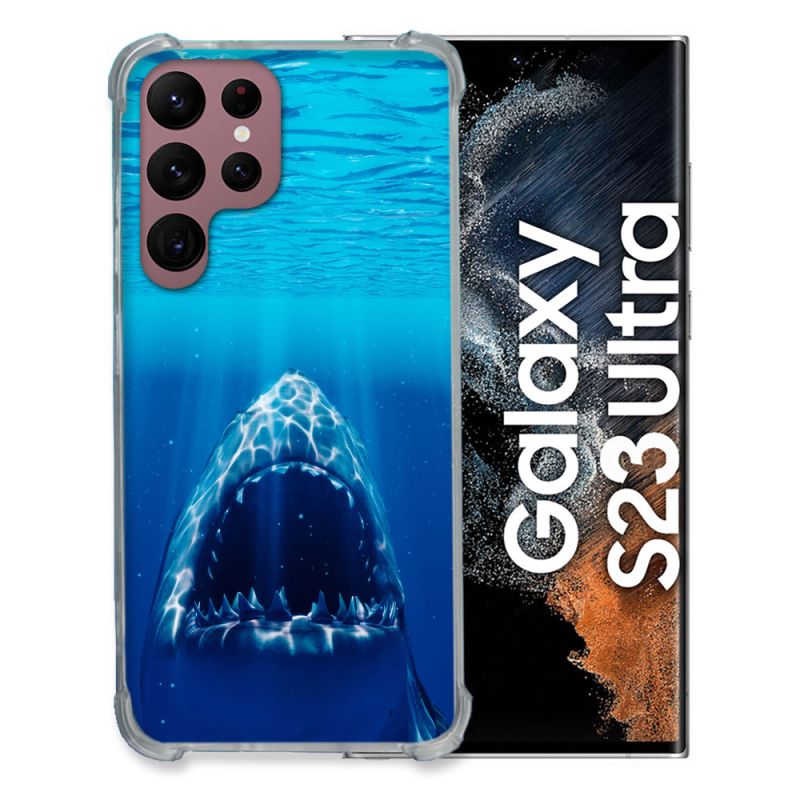Coque Renfocée en Verre Trempé Pour Samsung Galaxy S23 Ultra Animal Requin Dent