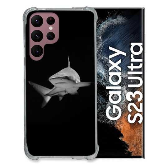 Coque Renfocée en Verre Trempé Pour Samsung Galaxy S23 Ultra Animal Requin Sombre