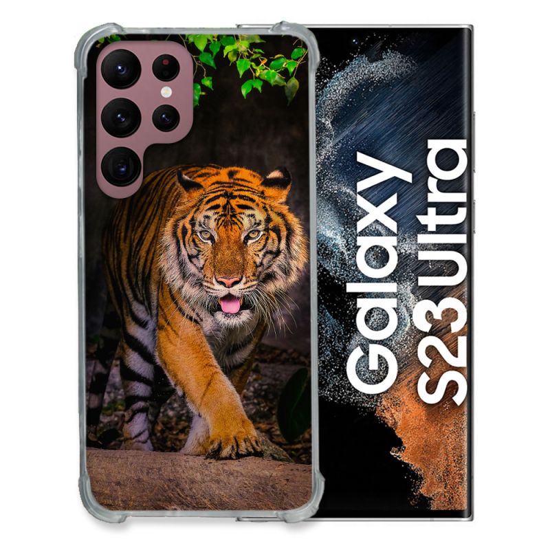 Coque Renfocée en Verre Trempé Pour Samsung Galaxy S23 Ultra Animal Tigre Jungle