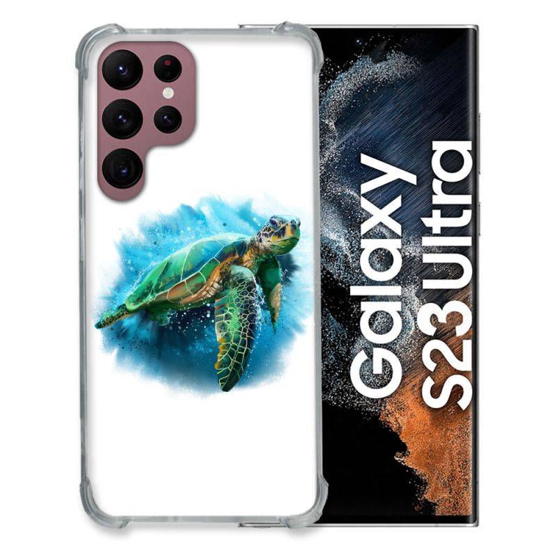 Coque Renfocée en Verre Trempé Pour Samsung Galaxy S23 Ultra Animal Tortue Blanche multicolore