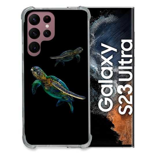 Coque Renfocée en Verre Trempé Pour Samsung Galaxy S23 Ultra Animal Tortue Noire multicolore