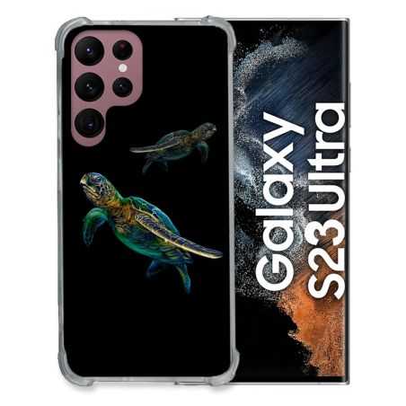 Coque Renfocée en Verre Trempé Pour Samsung Galaxy S23 Ultra Animal Tortue Noire multicolore