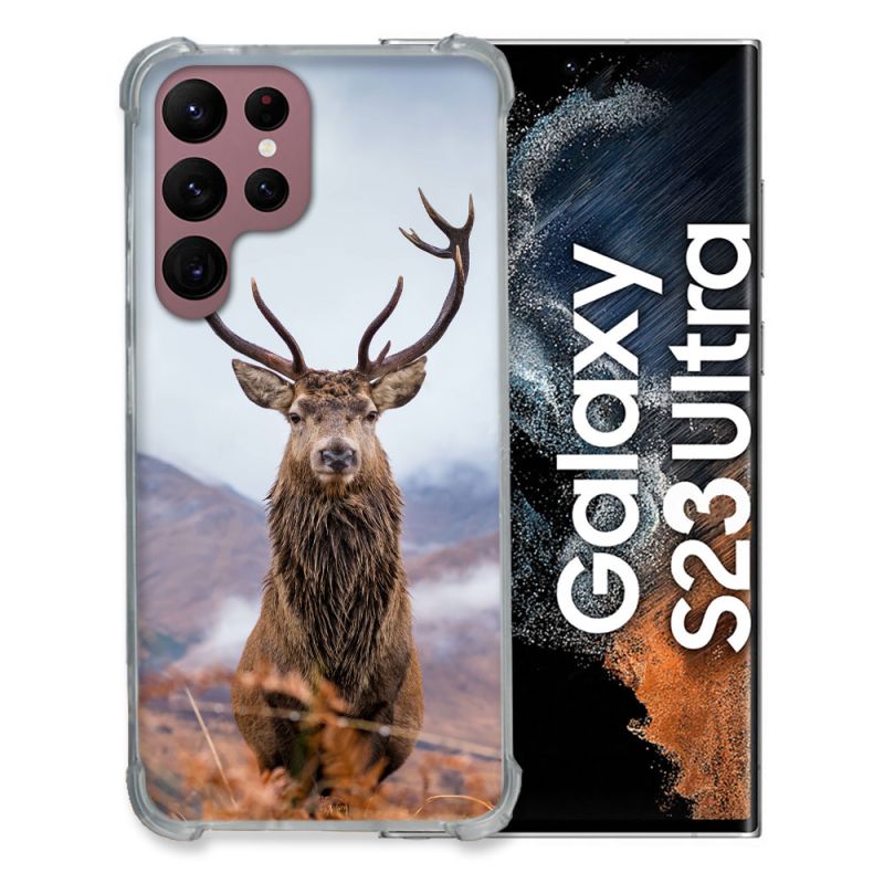 Coque Renfocée en Verre Trempé Pour Samsung Galaxy S23 Ultra Chasse Chevreuil Montagne