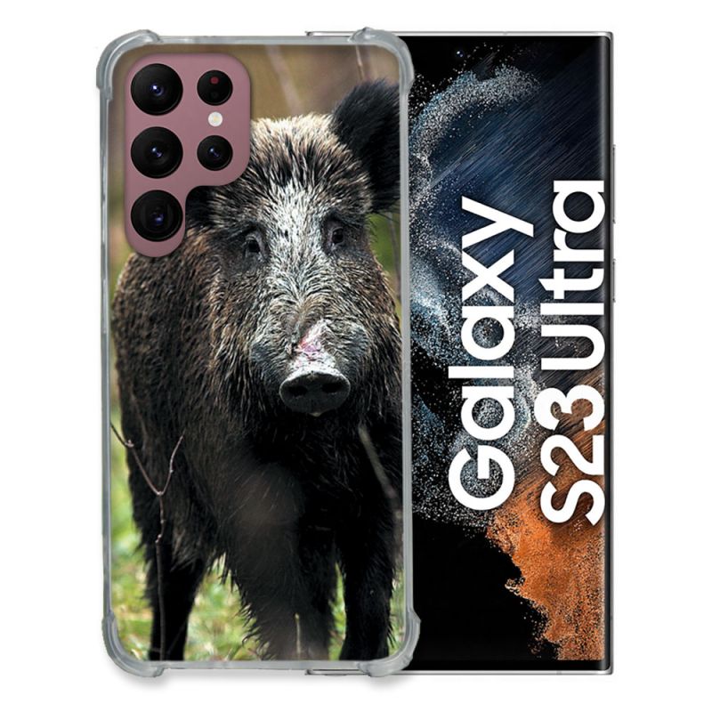 Coque Renfocée en Verre Trempé Pour Samsung Galaxy S23 Ultra Chasse Sanglier bois