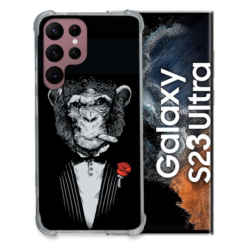 Coque Renfocée en Verre Trempé Pour Samsung Galaxy S23 Ultra Decale Singe Mafia