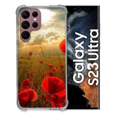 Coque Renfocée en Verre Trempé Pour Samsung Galaxy S23 Ultra Fleur Coquelicot