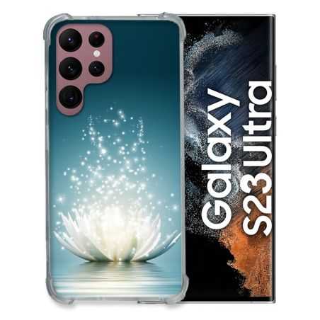 Coque Renfocée en Verre Trempé Pour Samsung Galaxy S23 Ultra Fleur Lotus Blanc