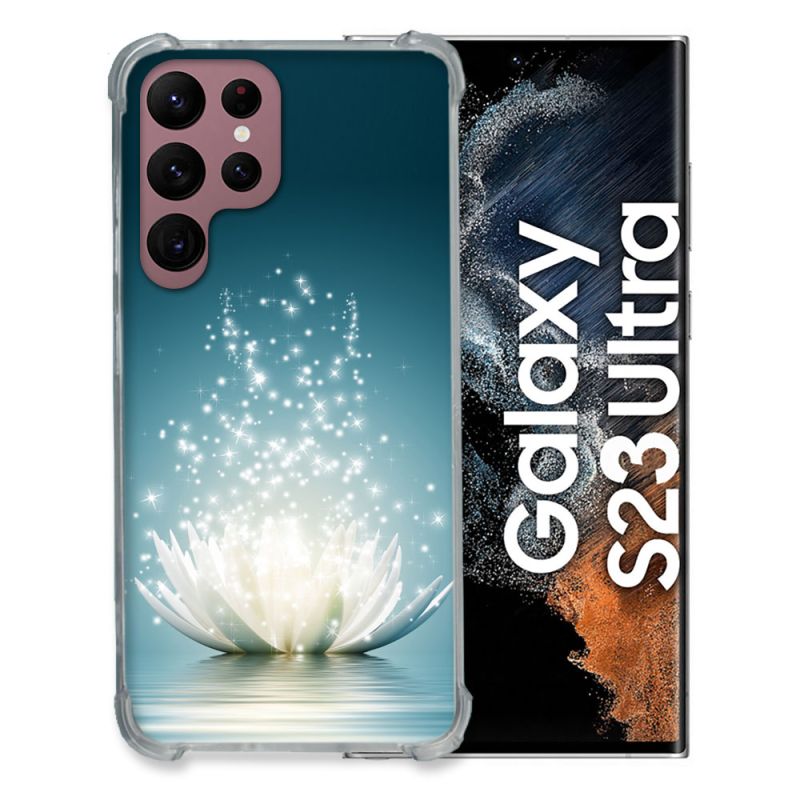 Coque Renfocée en Verre Trempé Pour Samsung Galaxy S23 Ultra Fleur Lotus Blanc