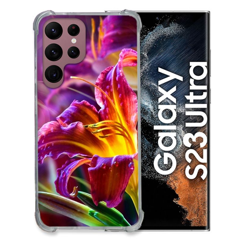Coque Renfocée en Verre Trempé Pour Samsung Galaxy S23 Ultra Fleur Lys Color