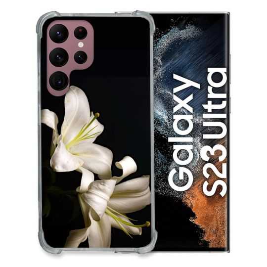 Coque Renfocée en Verre Trempé Pour Samsung Galaxy S23 Ultra Fleur Lys Noir
