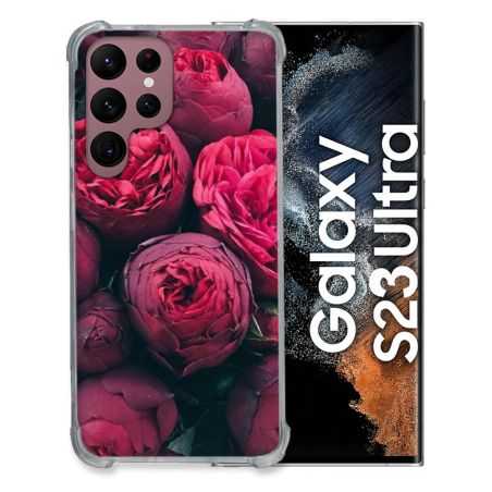 Coque Renfocée en Verre Trempé Pour Samsung Galaxy S23 Ultra Fleur Pivoine