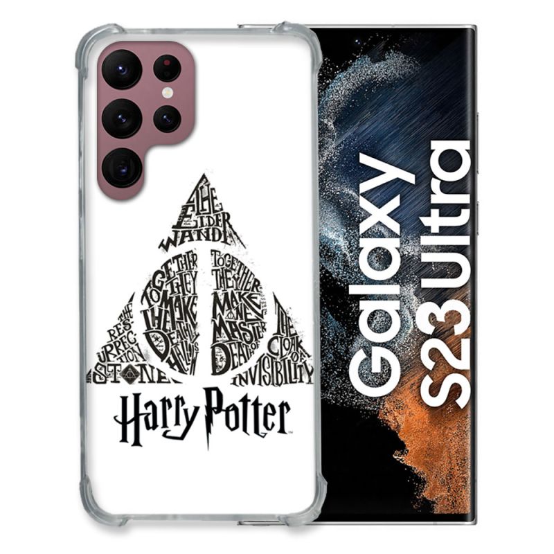 Coque Renfocée en Verre Trempé Pour Samsung Galaxy S23 Ultra Harry Potter Hollows triangle Blanc