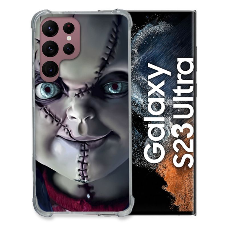 Coque Renfocée en Verre Trempé Pour Samsung Galaxy S23 Ultra Horreur Chucky Cicatrice