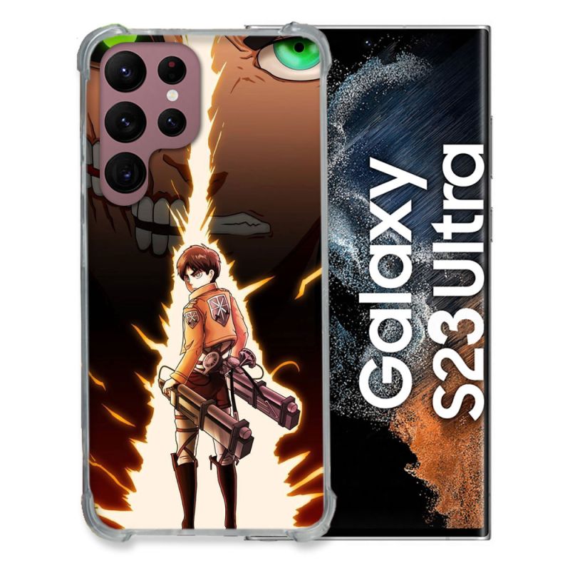 Coque Renfocée en Verre Trempé Pour Samsung Galaxy S23 Ultra Manga Attaque Titans Eren Eclair