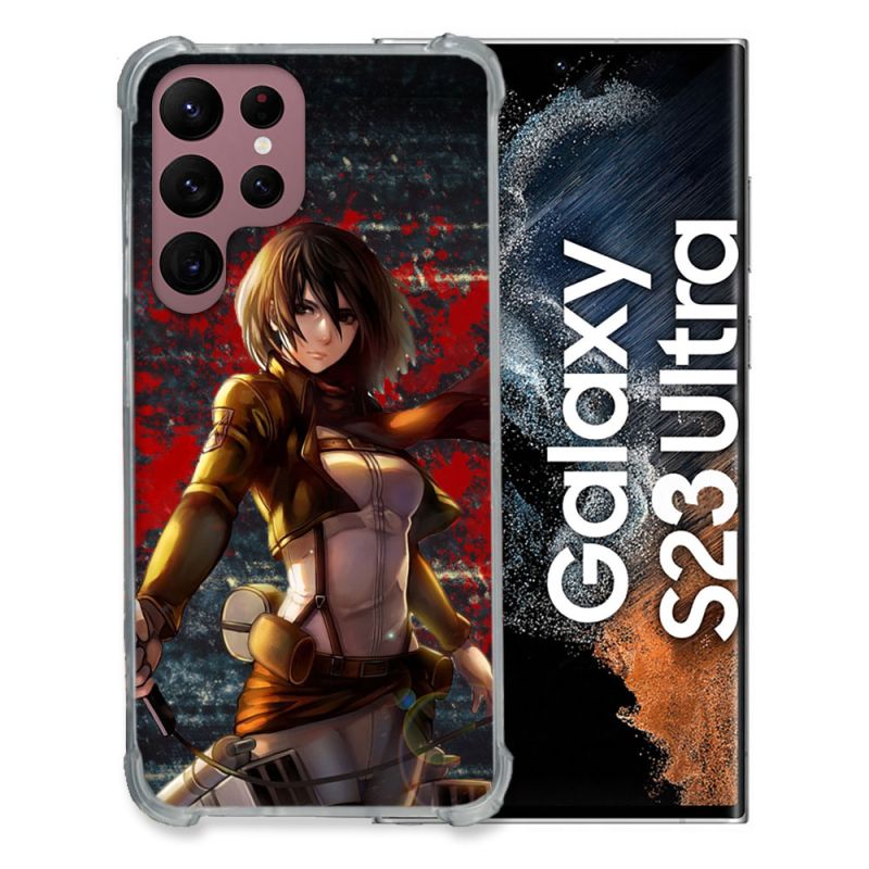 Coque Renfocée en Verre Trempé Pour Samsung Galaxy S23 Ultra Manga Attaque Titans Mikasa