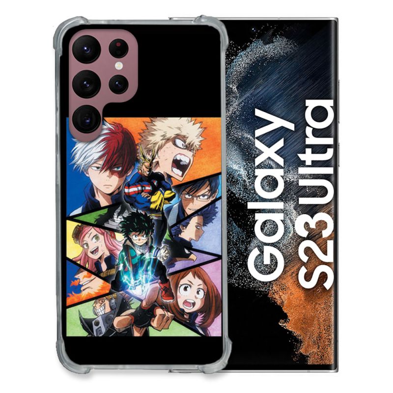 Coque Renfocée en Verre Trempé Pour Samsung Galaxy S23 Ultra Manga My Hero Academia Noir