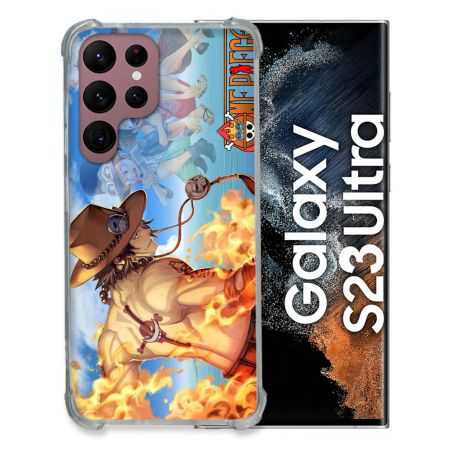 Coque Renfocée en Verre Trempé Pour Samsung Galaxy S23 Ultra Manga One Piece Ace Color