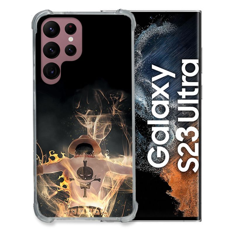 Coque Renfocée en Verre Trempé Pour Samsung Galaxy S23 Ultra Manga One Piece Ace Noir