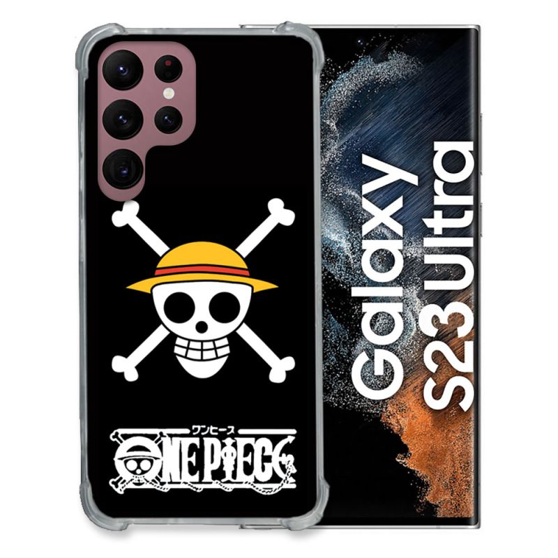 Coque Renfocée en Verre Trempé Pour Samsung Galaxy S23 Ultra Manga One Piece Tete de Mort