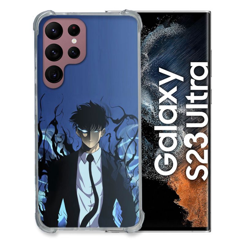 Coque Renfocée en Verre Trempé Pour Samsung Galaxy S23 Ultra Manga Solo Leveling Sung Bleu