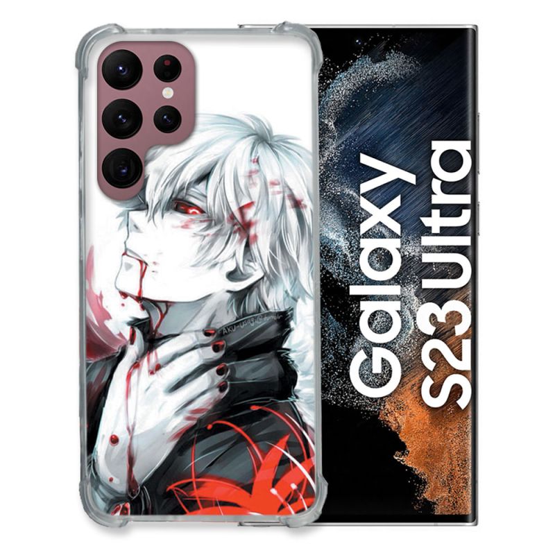 Coque Renfocée en Verre Trempé Pour Samsung Galaxy S23 Ultra Manga Tokyo Ghoul Kaneki Blanc