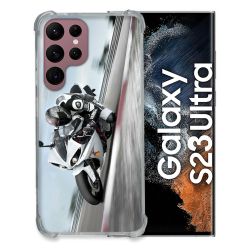 Coque Renfocée en Verre Trempé Pour Samsung Galaxy S23 Ultra Moto Course GP Blanche