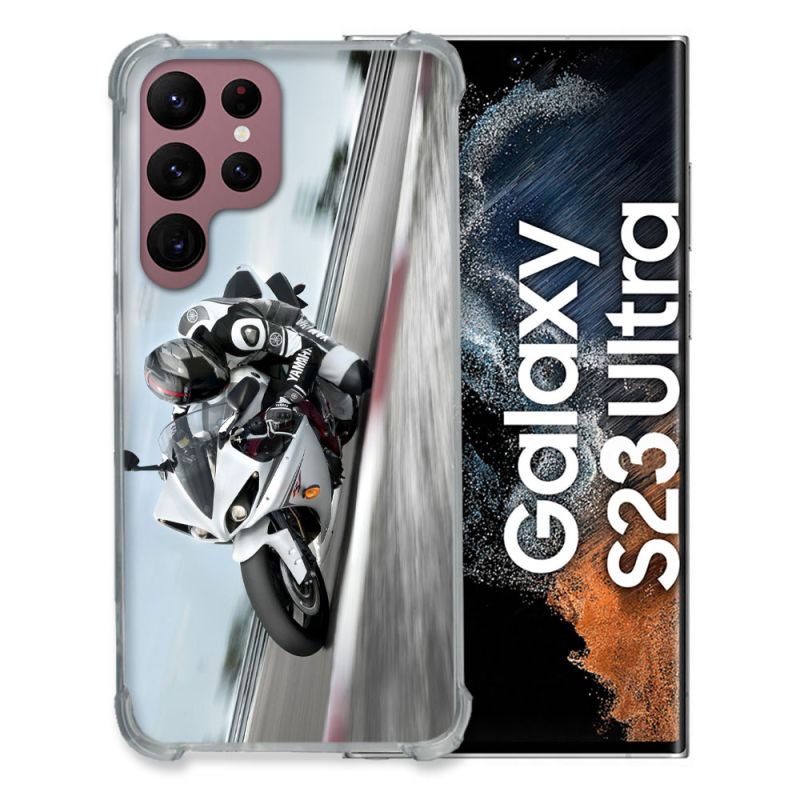 Coque Renfocée en Verre Trempé Pour Samsung Galaxy S23 Ultra Moto Course GP Blanche