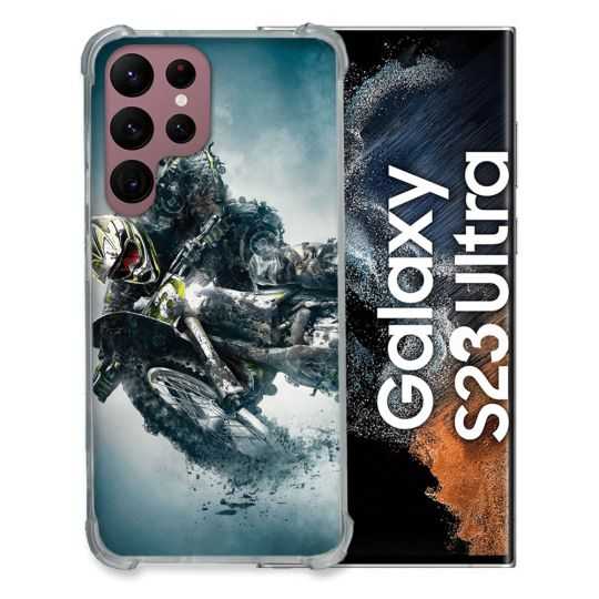 Coque Renfocée en Verre Trempé Pour Samsung Galaxy S23 Ultra Moto Cross Ombre