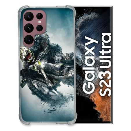 Coque Renfocée en Verre Trempé Pour Samsung Galaxy S23 Ultra Moto Cross Ombre