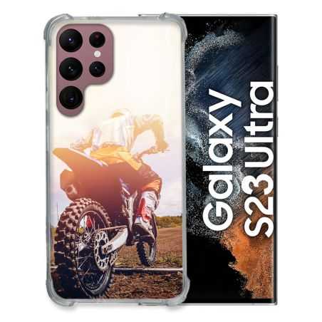 Coque Renfocée en Verre Trempé Pour Samsung Galaxy S23 Ultra Moto Cross Soleil