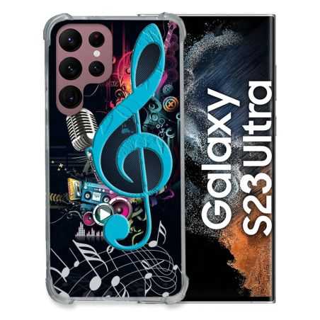 Coque Renfocée en Verre Trempé Pour Samsung Galaxy S23 Ultra Musique Cle Sol Bleu