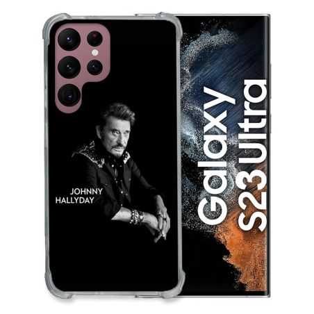 Coque Renfocée en Verre Trempé Pour Samsung Galaxy S23 Ultra Musique Johnny Hallyday Noir