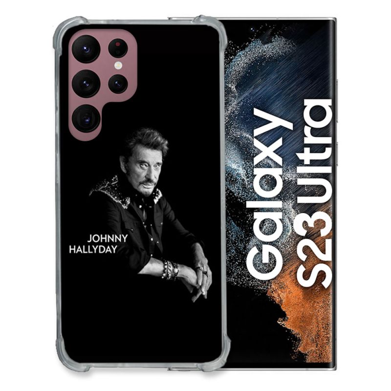 Coque Renfocée en Verre Trempé Pour Samsung Galaxy S23 Ultra Musique Johnny Hallyday Noir