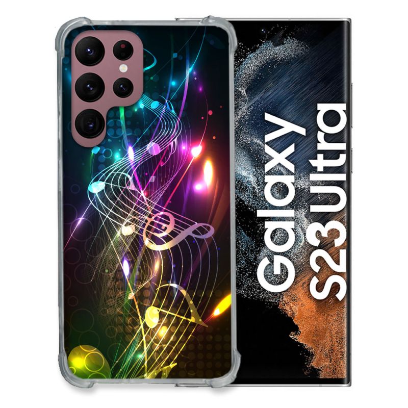 Coque Renfocée en Verre Trempé Pour Samsung Galaxy S23 Ultra Musique Partition Multicolore