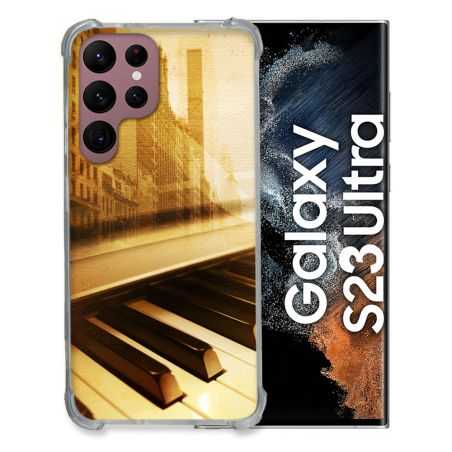 Coque Renfocée en Verre Trempé Pour Samsung Galaxy S23 Ultra Musique Piano Retro