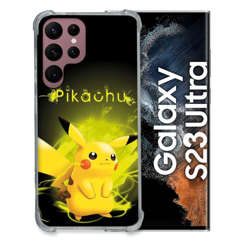 Coque Renfocée en Verre Trempé Pour Samsung Galaxy S23 Ultra Pokemon Pikachu Eclair
