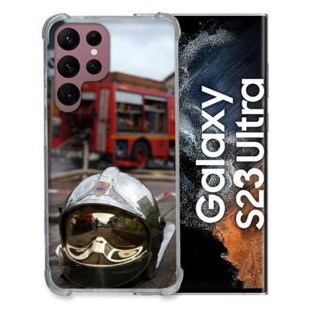 Coque Renfocée en Verre Trempé Pour Samsung Galaxy S23 Ultra Pompier Casque Camion