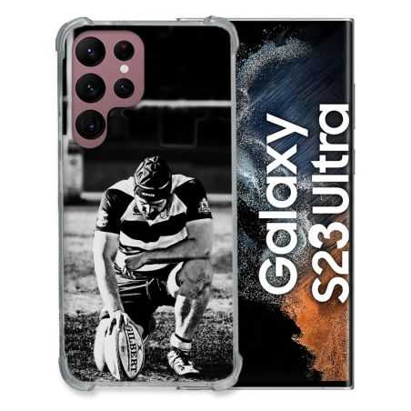 Coque Renfocée en Verre Trempé Pour Samsung Galaxy S23 Ultra Sport Rugby Noir Blanc