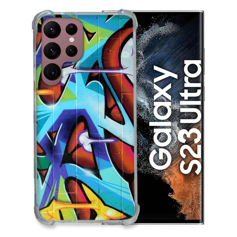 Coque Renfocée en Verre Trempé Pour Samsung Galaxy S23 Ultra Street Art Graf Color