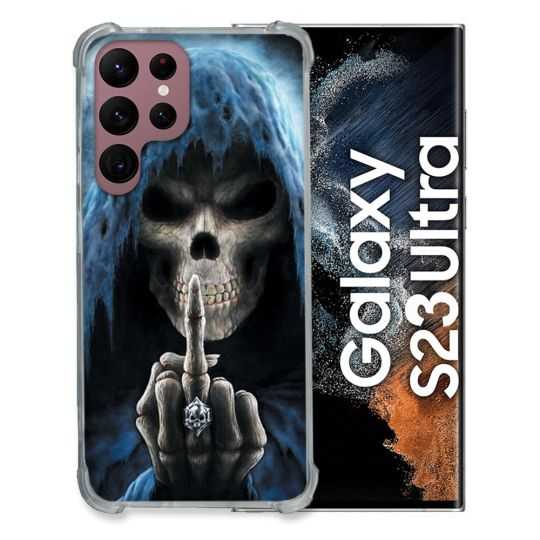 Coque Renfocée en Verre Trempé Pour Samsung Galaxy S23 Ultra Tete de Mort Doigt