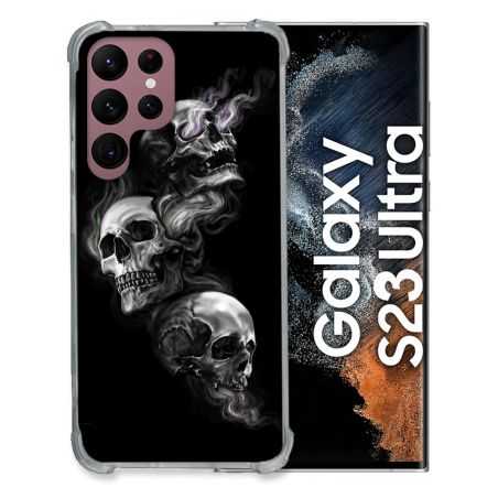 Coque Renfocée en Verre Trempé Pour Samsung Galaxy S23 Ultra Tete de Mort Triple