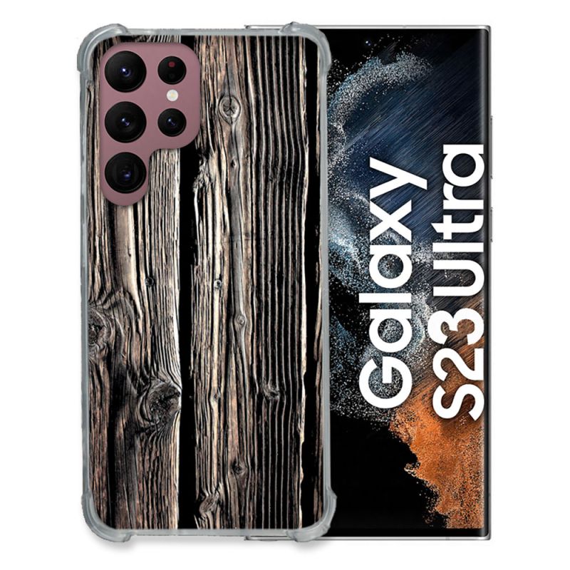 Coque Renfocée en Verre Trempé Pour Samsung Galaxy S23 Ultra Texture Bois