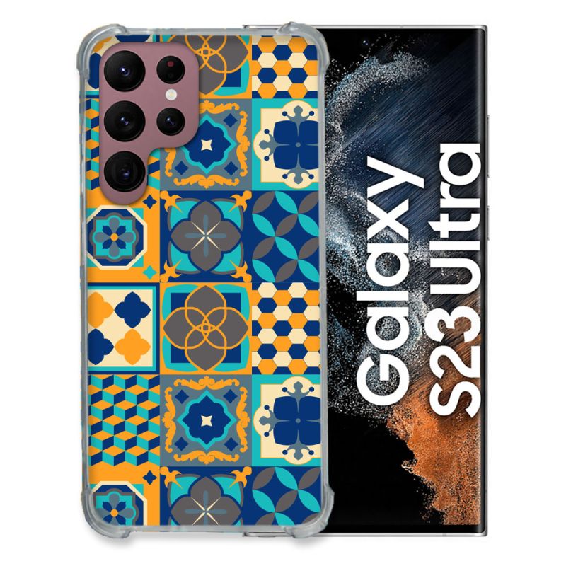 Coque Renfocée en Verre Trempé Pour Samsung Galaxy S23 Ultra Texture Carreau Ciment Orange