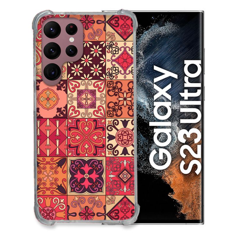 Coque Renfocée en Verre Trempé Pour Samsung Galaxy S23 Ultra Texture Carreau Ciment Rouge