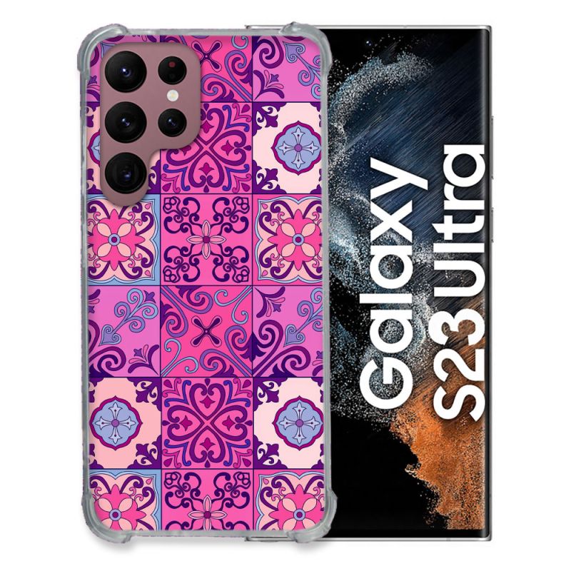 Coque Renfocée en Verre Trempé Pour Samsung Galaxy S23 Ultra Texture Carreau Ciment Violet