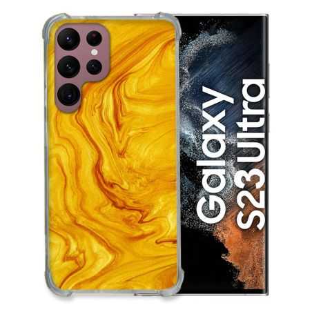Coque Renfocée en Verre Trempé Pour Samsung Galaxy S23 Ultra Texture Marbre Jaune