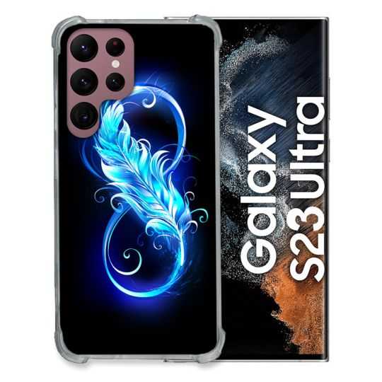 Coque Renfocée en Verre Trempé Pour Samsung Galaxy S23 Ultra Texture Plume Infini Bleu