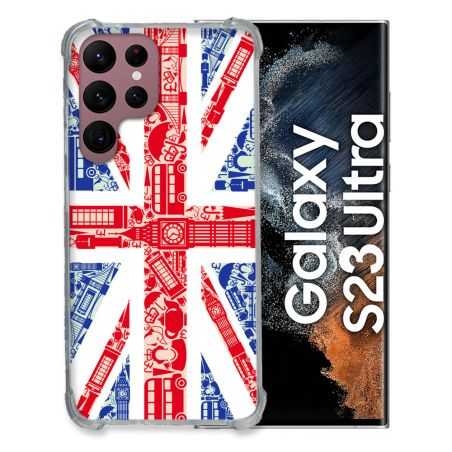 Coque Renfocée en Verre Trempé Pour Samsung Galaxy S23 Ultra Voyage Angleterre Blanc