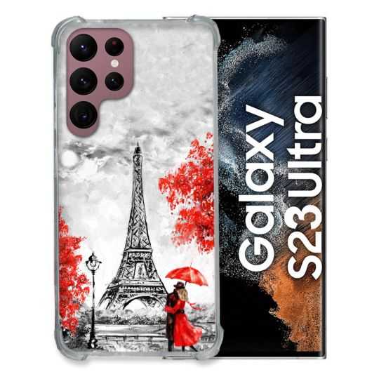 Coque Renfocée en Verre Trempé Pour Samsung Galaxy S23 Ultra Voyage France Paris Rouge