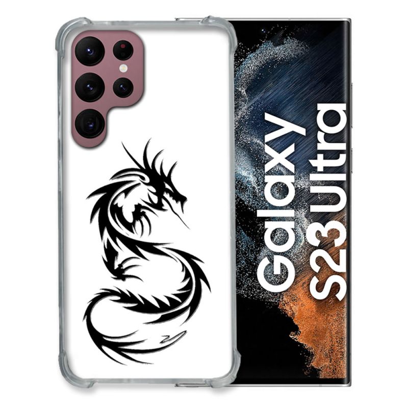Coque Renfocée en Verre Trempé Transparente Pour Samsung Galaxy S23 Ultra Dragon Noir